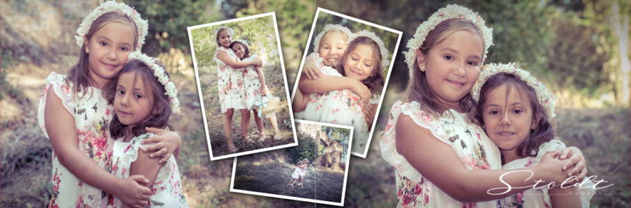 Photo album example of family portraits showing girls sisters posing