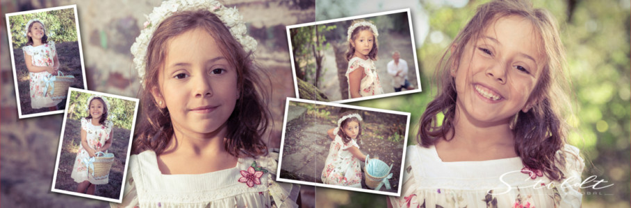 Photo album example of family portraits showing girl playing