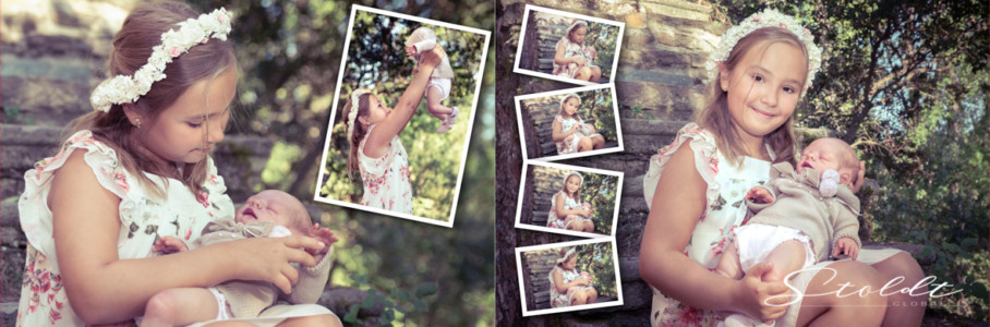 Photo album example of family portraits showing girl playing with a doll