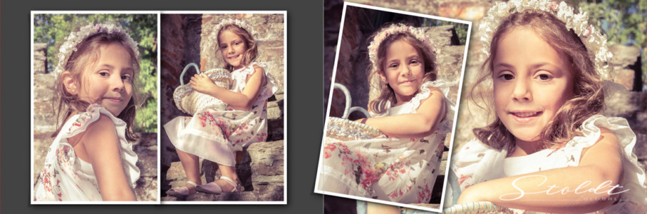 Photo album example of family portraits showing portrait of a girl with a basket