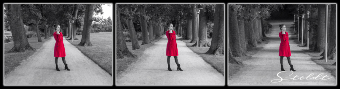Triptych photography of a girl in a red coat like red riding hood
