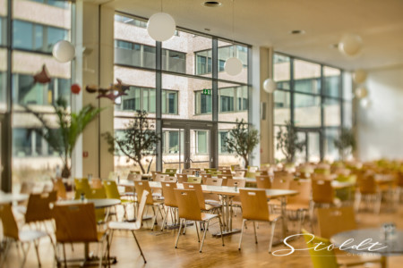 architecture photography of a school building cafeteria with tilt shift effect