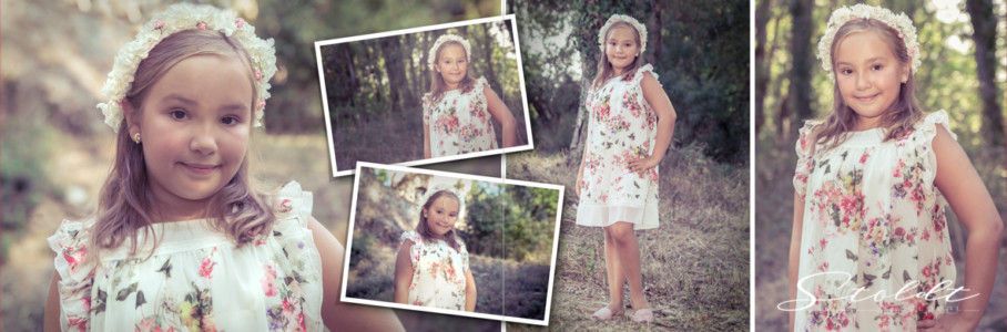 Photo album example of family portraits showing girl posing