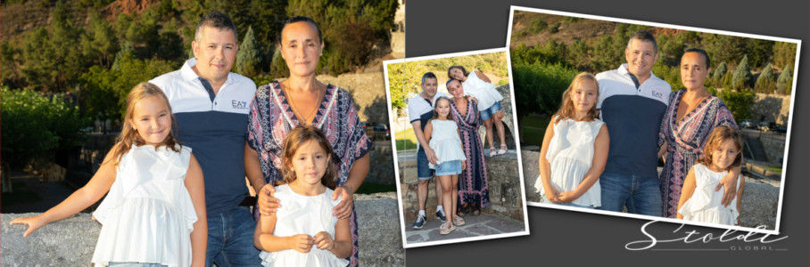 Photo album example of family portraits showing family posing in front of a bridge